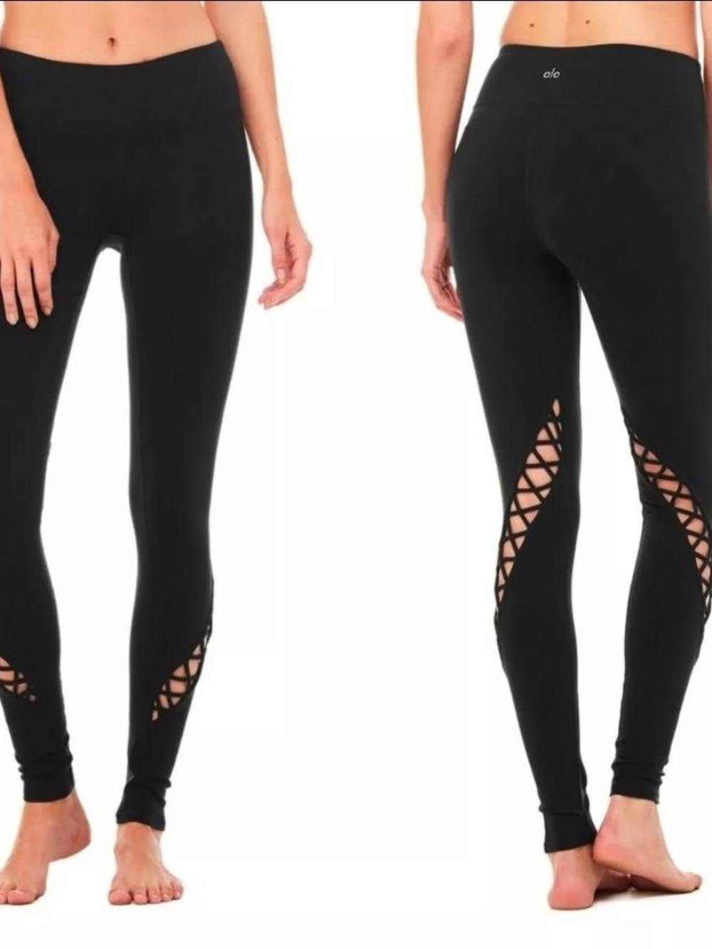 Alo YOGA Entwine Black Braided Open Laced Mid Rise Athletic Leggings